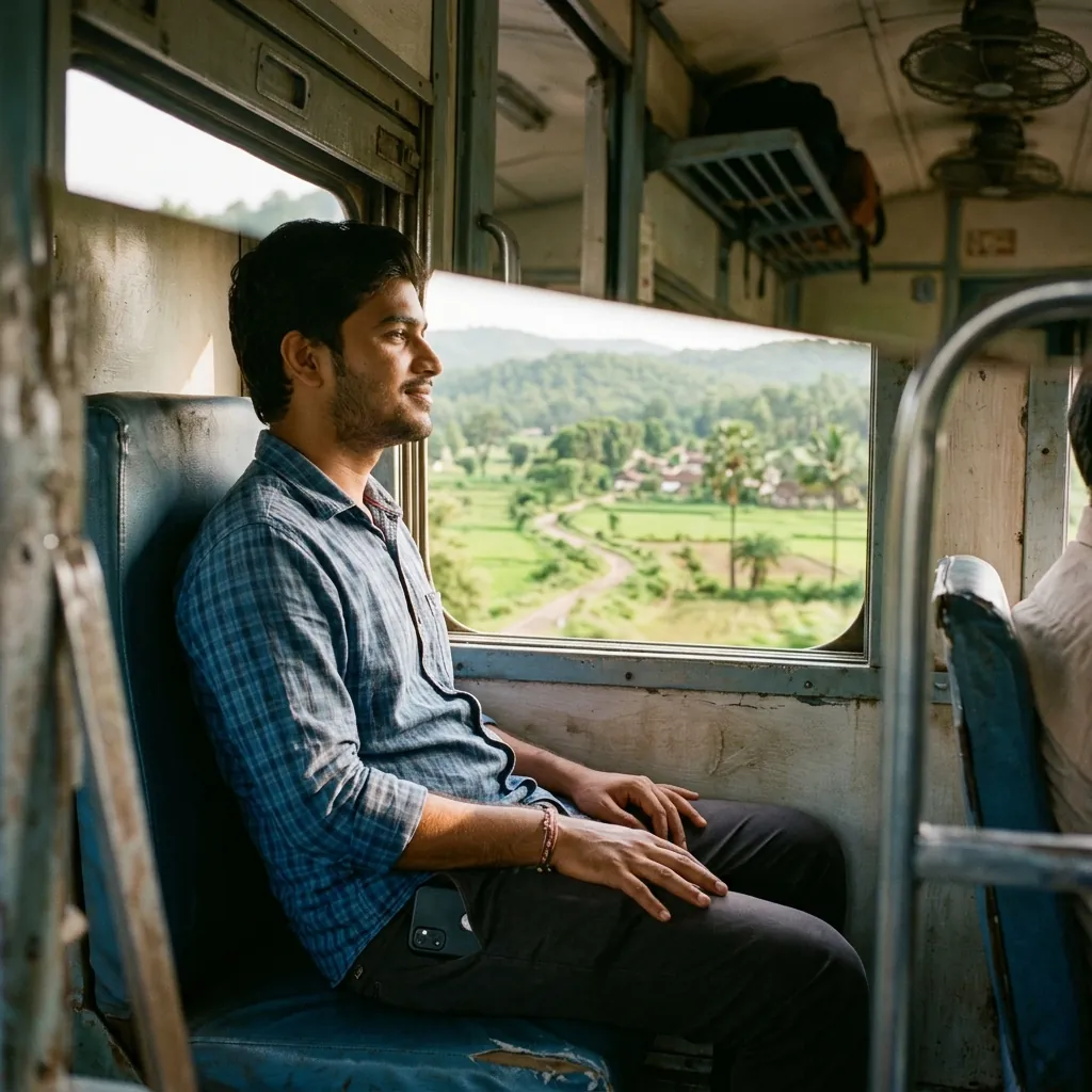 Traveller looking peacefully out of a train window, phone in pocket, not checking