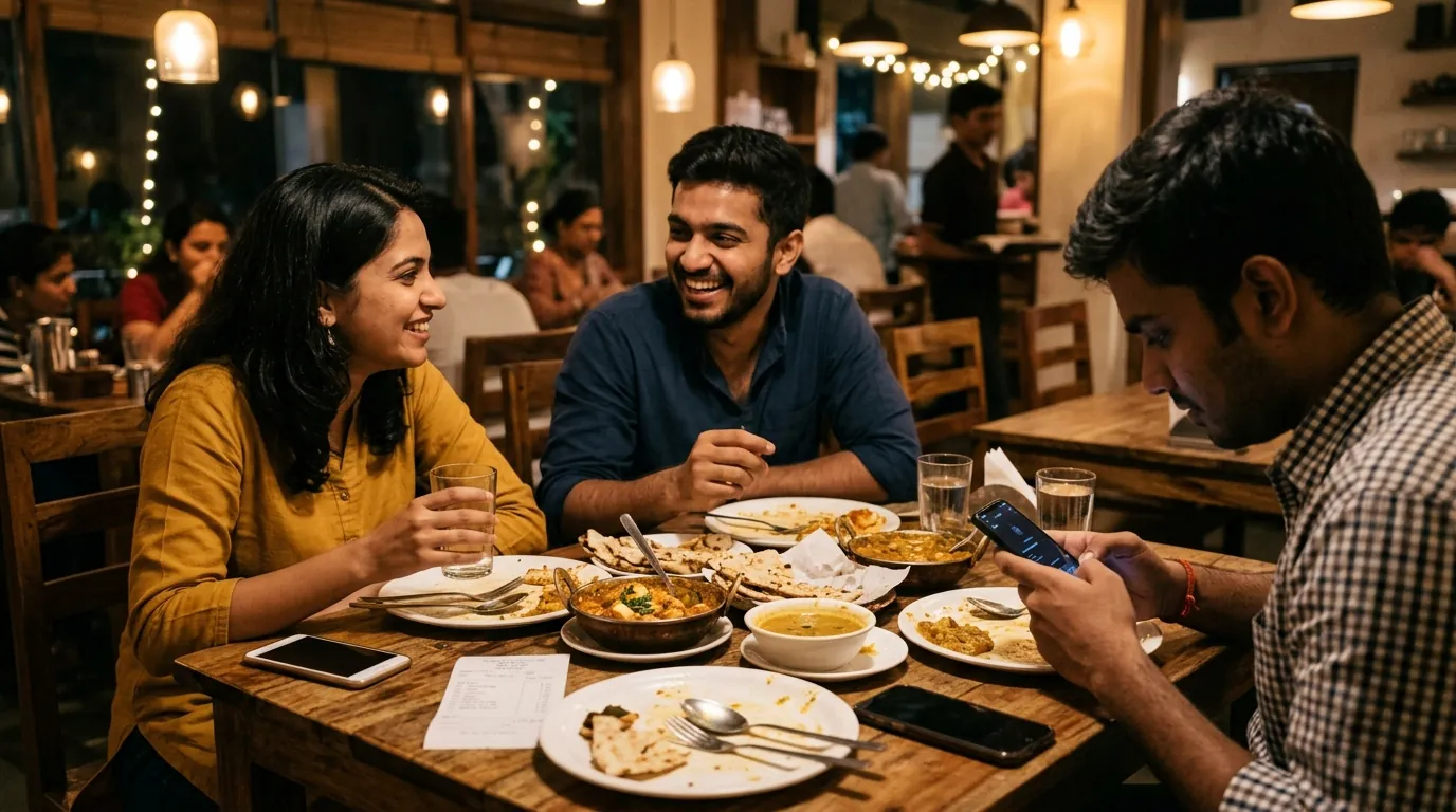 Friends at dinner with phones and a bill