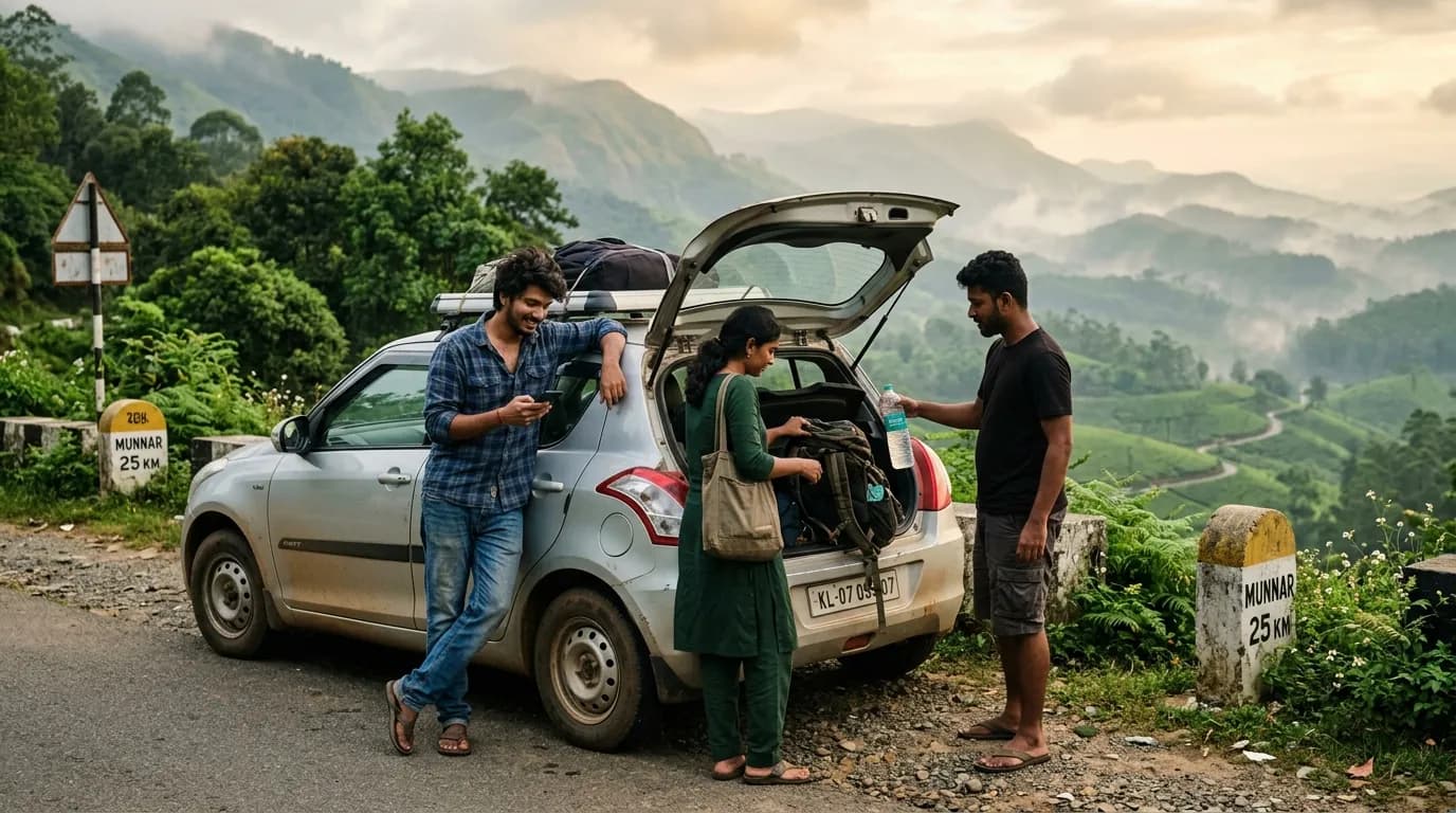 Friends on a road-trip stop